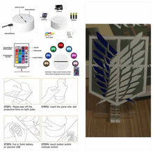Load image into Gallery viewer, Anime Figures Attack on Titan 3D Lamp LED Night Light RGB16 Colors Lamps Remote Standing Sign Decor Bedroom Home Kids Toys Gifts
